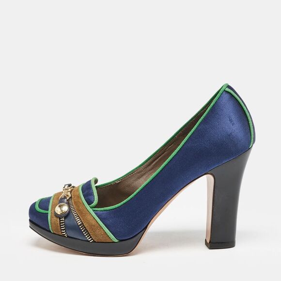 Etro Blue/green Satin Zip Embellished Block Heel Pumps Size 38